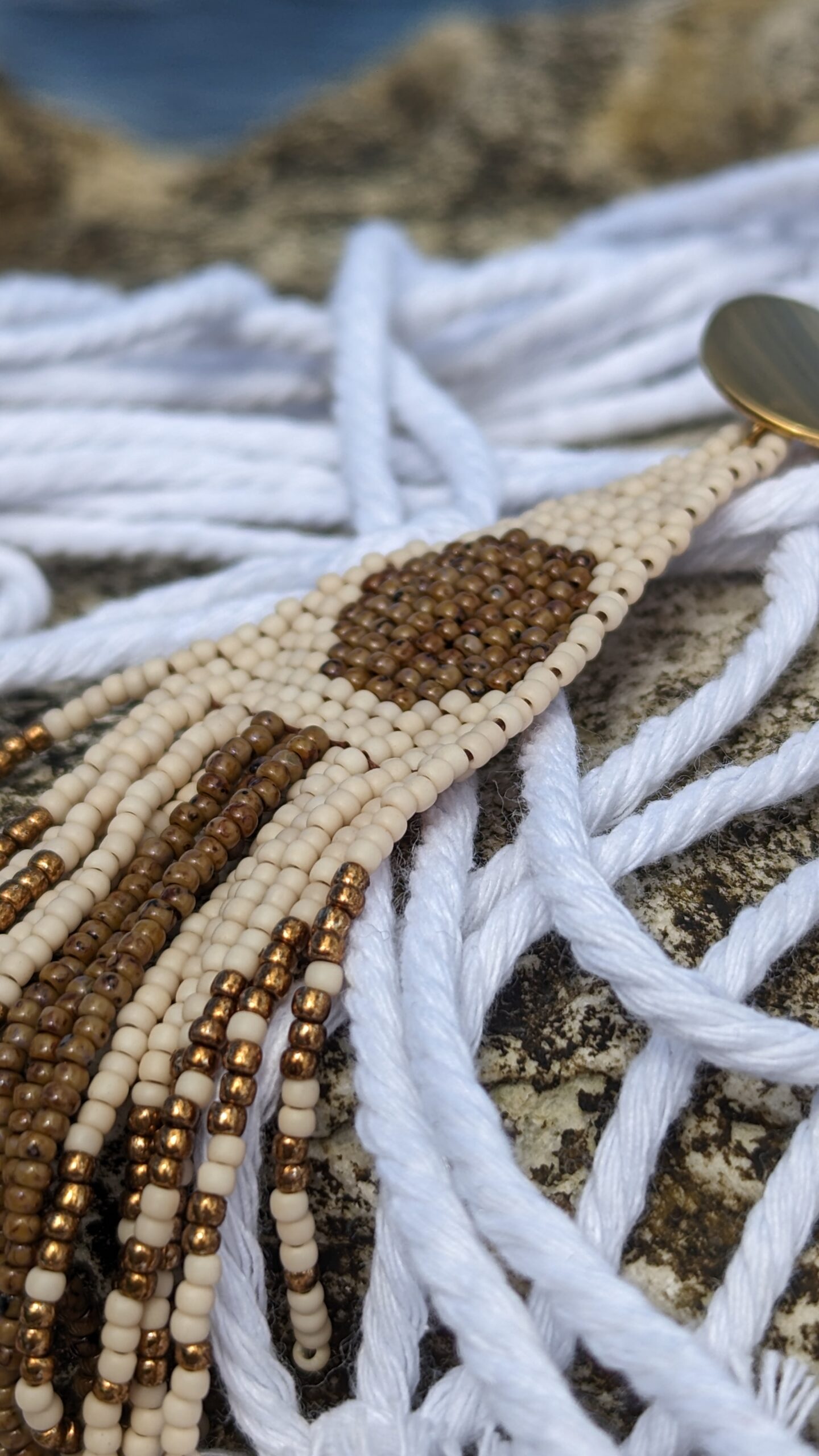 Beige Glass Bead Tassel Earrings Triangle Geometric Earrings Crochet Stud Moon Long Earrings of Toho Seed Beads Aesthetic Clasp Eco Jewelry - Image 5