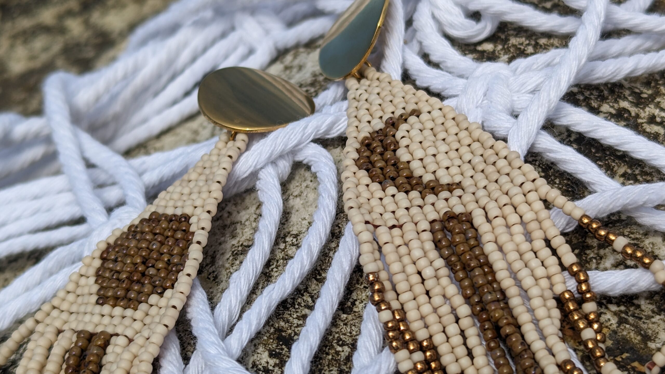Beige Glass Bead Tassel Earrings Triangle Geometric Earrings Crochet Stud Moon Long Earrings of Toho Seed Beads Aesthetic Clasp Eco Jewelry - Image 4