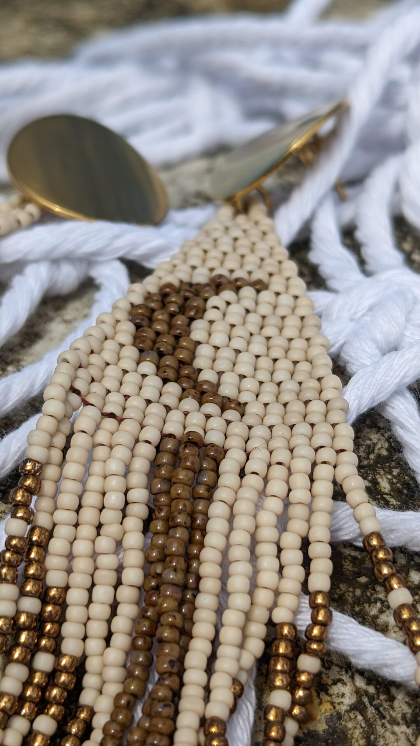 Beige Glass Bead Tassel Earrings Triangle Geometric Earrings Crochet Stud Moon Long Earrings of Toho Seed Beads Aesthetic Clasp Eco Jewelry - Image 6