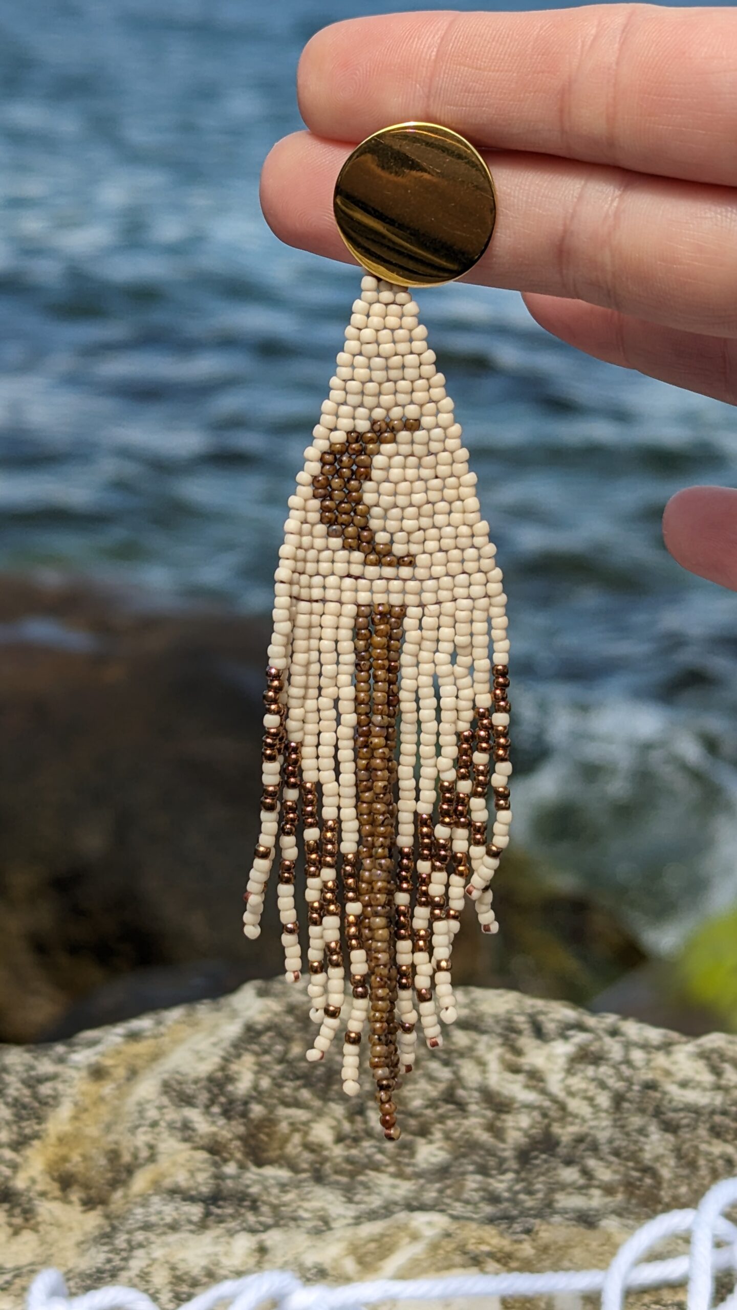 Beige Glass Bead Tassel Earrings Triangle Geometric Earrings Crochet Stud Moon Long Earrings of Toho Seed Beads Aesthetic Clasp Eco Jewelry - Image 9
