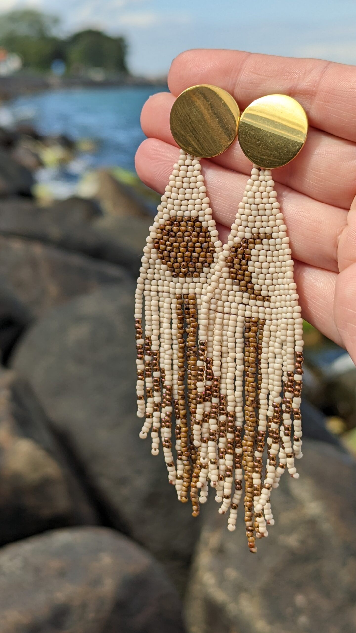 Beige Glass Bead Tassel Earrings Triangle Geometric Earrings Crochet Stud Moon Long Earrings of Toho Seed Beads Aesthetic Clasp Eco Jewelry - Image 10