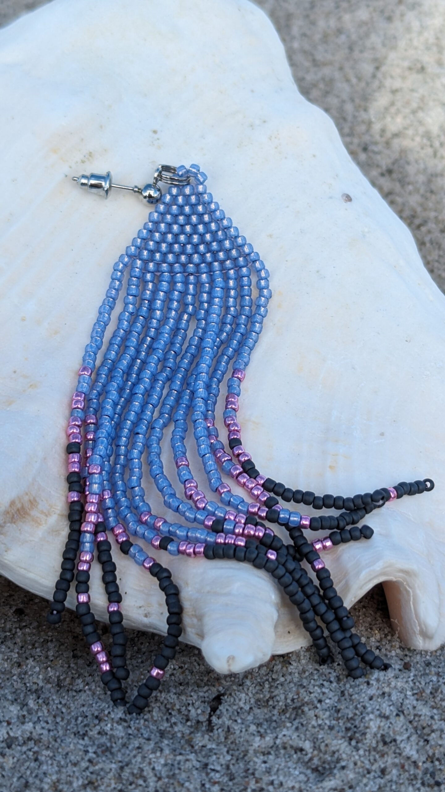Blue Beaded Tassel Earrings Triangle Geometric Earrings Crochet Stud Vintage Long Earrings of Toho Seed Beads Attention-grabbing Eco Jewelry - Image 3