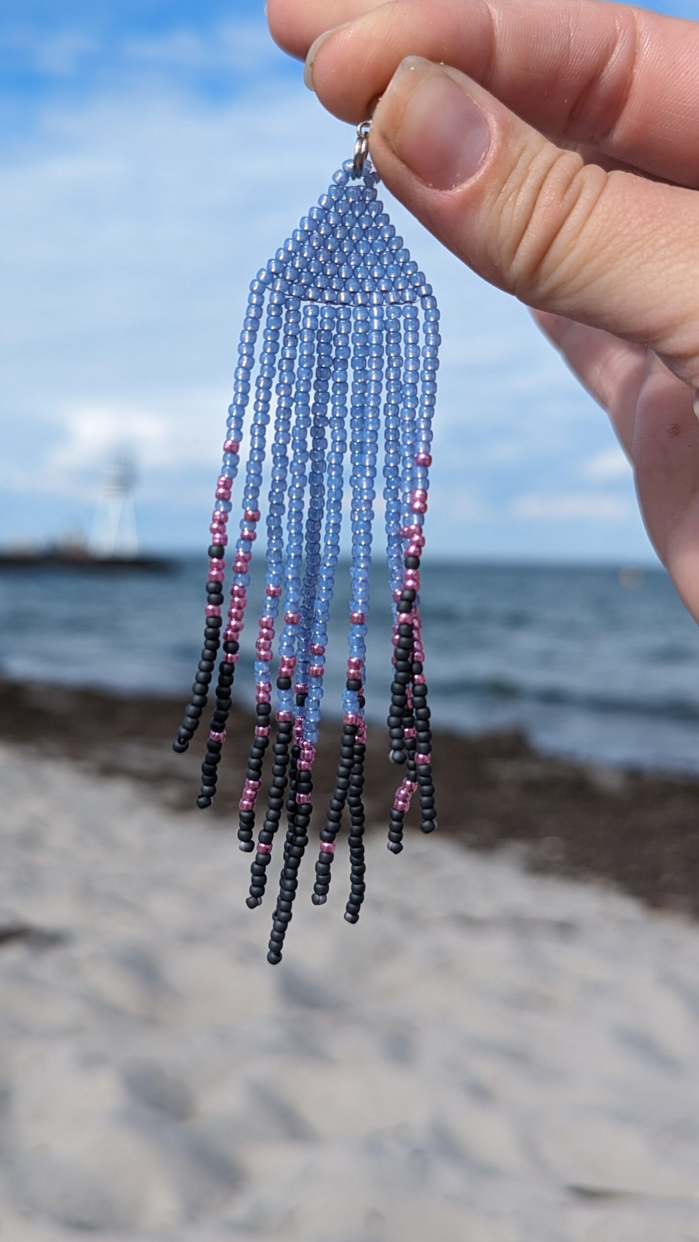 Blue Beaded Tassel Earrings Triangle Geometric Earrings Crochet Stud Vintage Long Earrings of Toho Seed Beads Attention-grabbing Eco Jewelry - Image 4