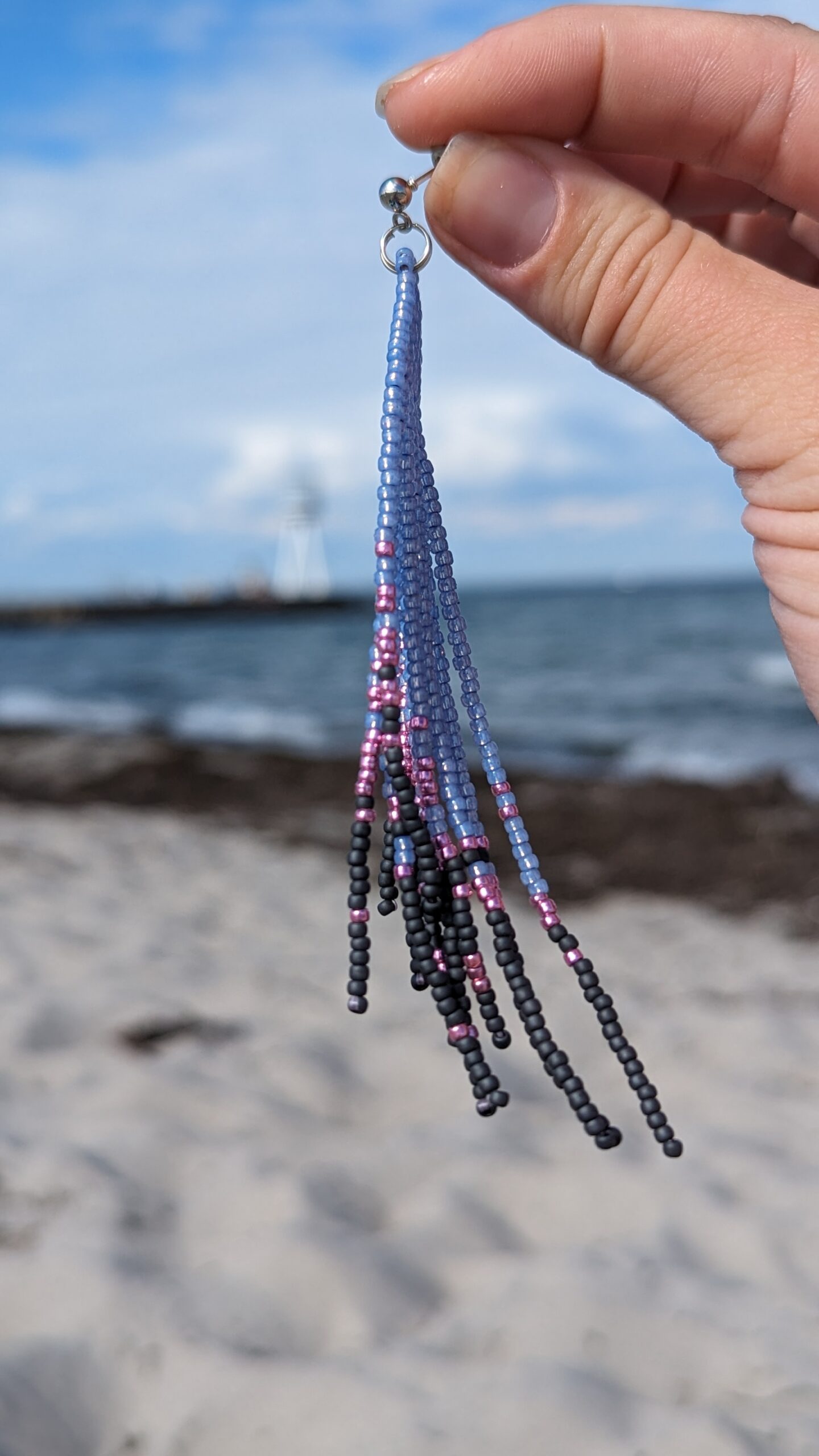 Blue Beaded Tassel Earrings Triangle Geometric Earrings Crochet Stud Vintage Long Earrings of Toho Seed Beads Attention-grabbing Eco Jewelry - Image 5