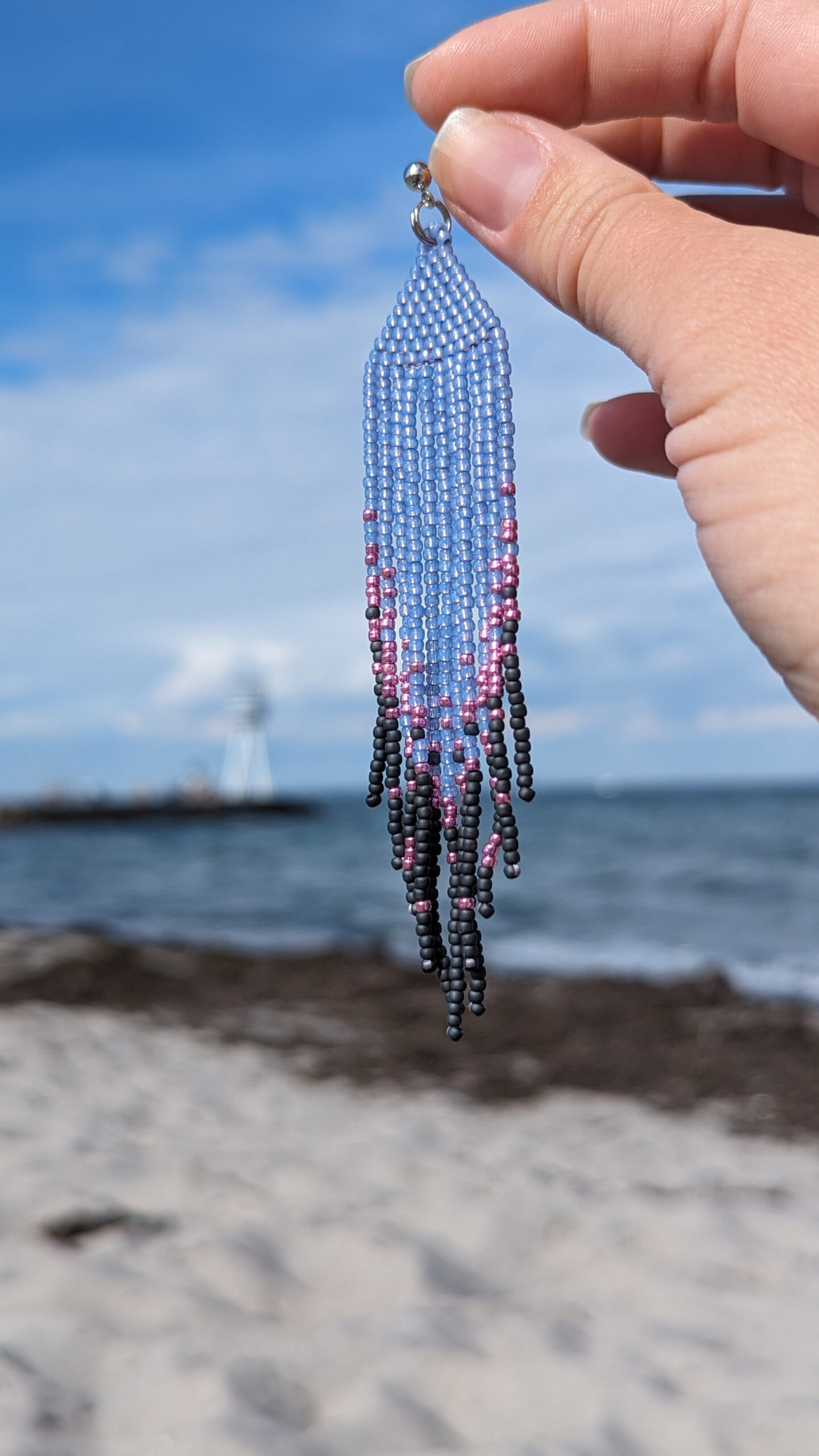 Blue Beaded Tassel Earrings Triangle Geometric Earrings Crochet Stud Vintage Long Earrings of Toho Seed Beads Attention-grabbing Eco Jewelry - Image 6