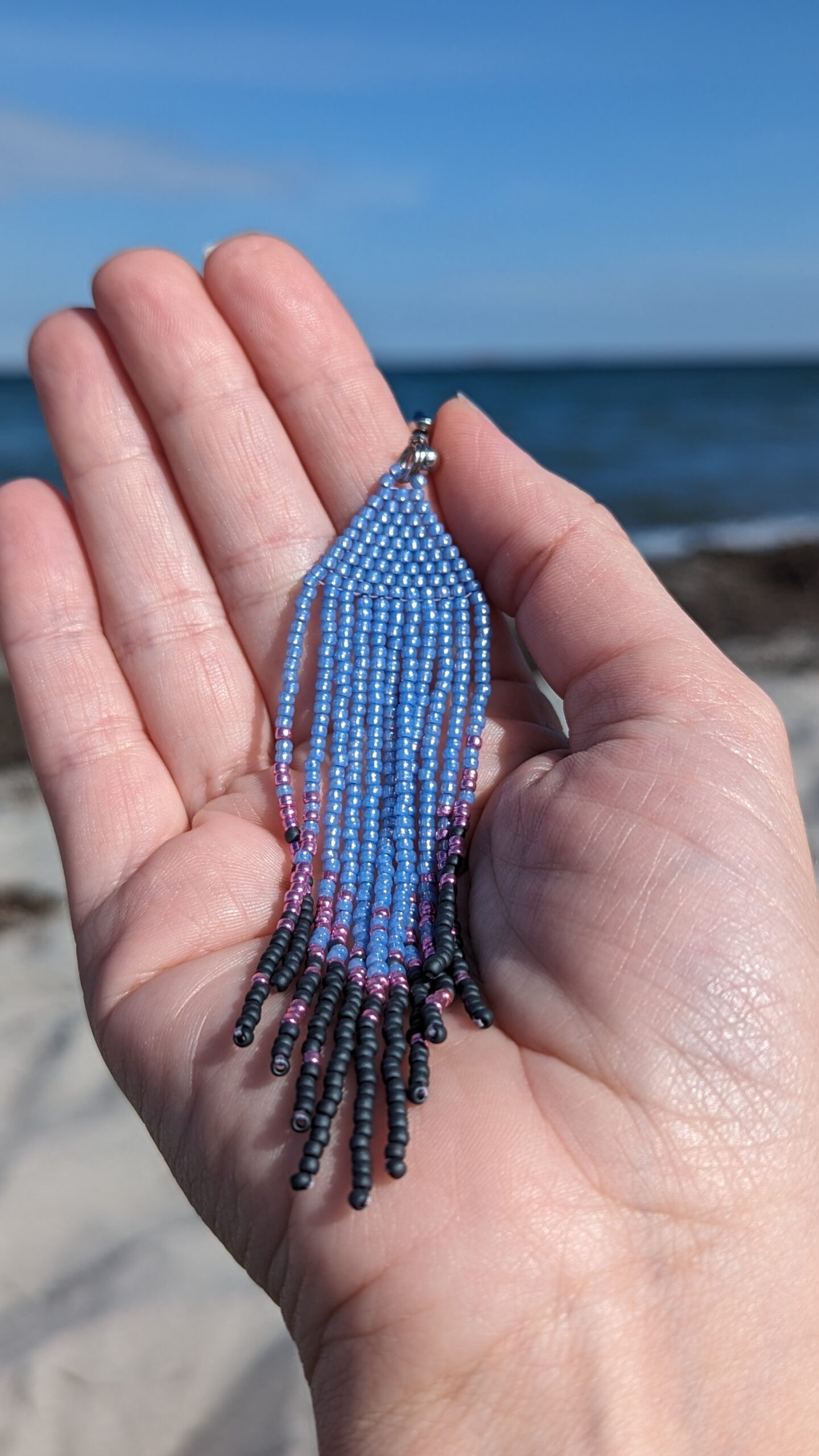 Blue Beaded Tassel Earrings Triangle Geometric Earrings Crochet Stud Vintage Long Earrings of Toho Seed Beads Attention-grabbing Eco Jewelry - Image 7