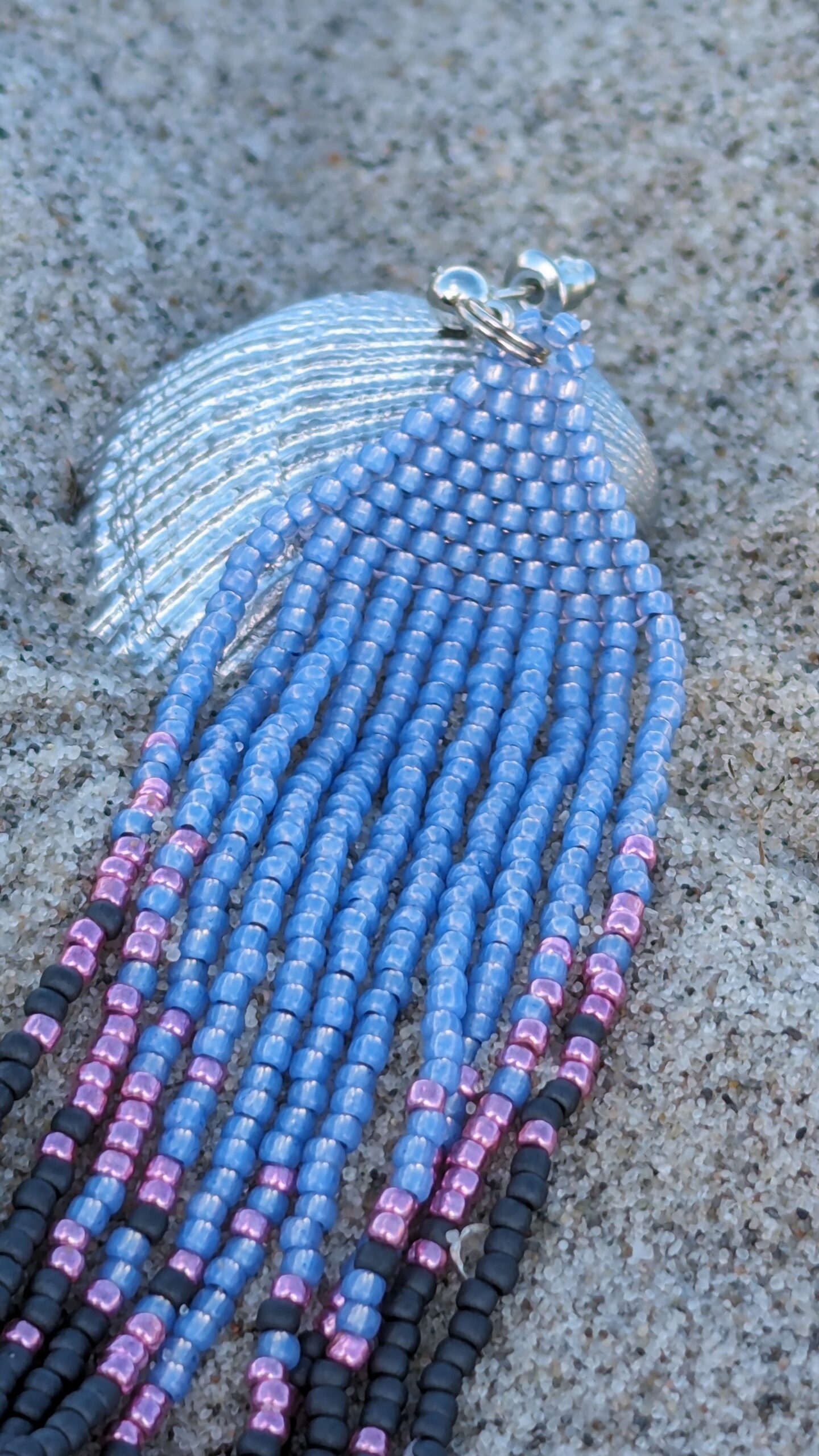 Blue Beaded Tassel Earrings Triangle Geometric Earrings Crochet Stud Vintage Long Earrings of Toho Seed Beads Attention-grabbing Eco Jewelry - Image 9