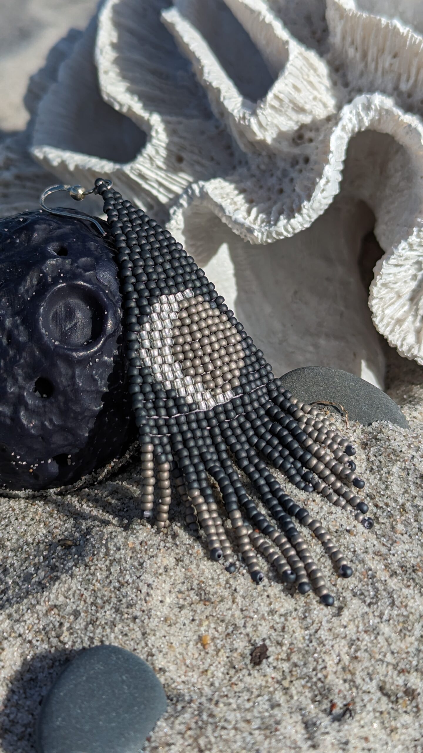 Gothic Beaded Tassel Earrings Triangle Geometric Earrings Crochet Stud Vintage Long Earrings of Toho Seed Beads Moon Print Handwoven Jewelry - Image 5