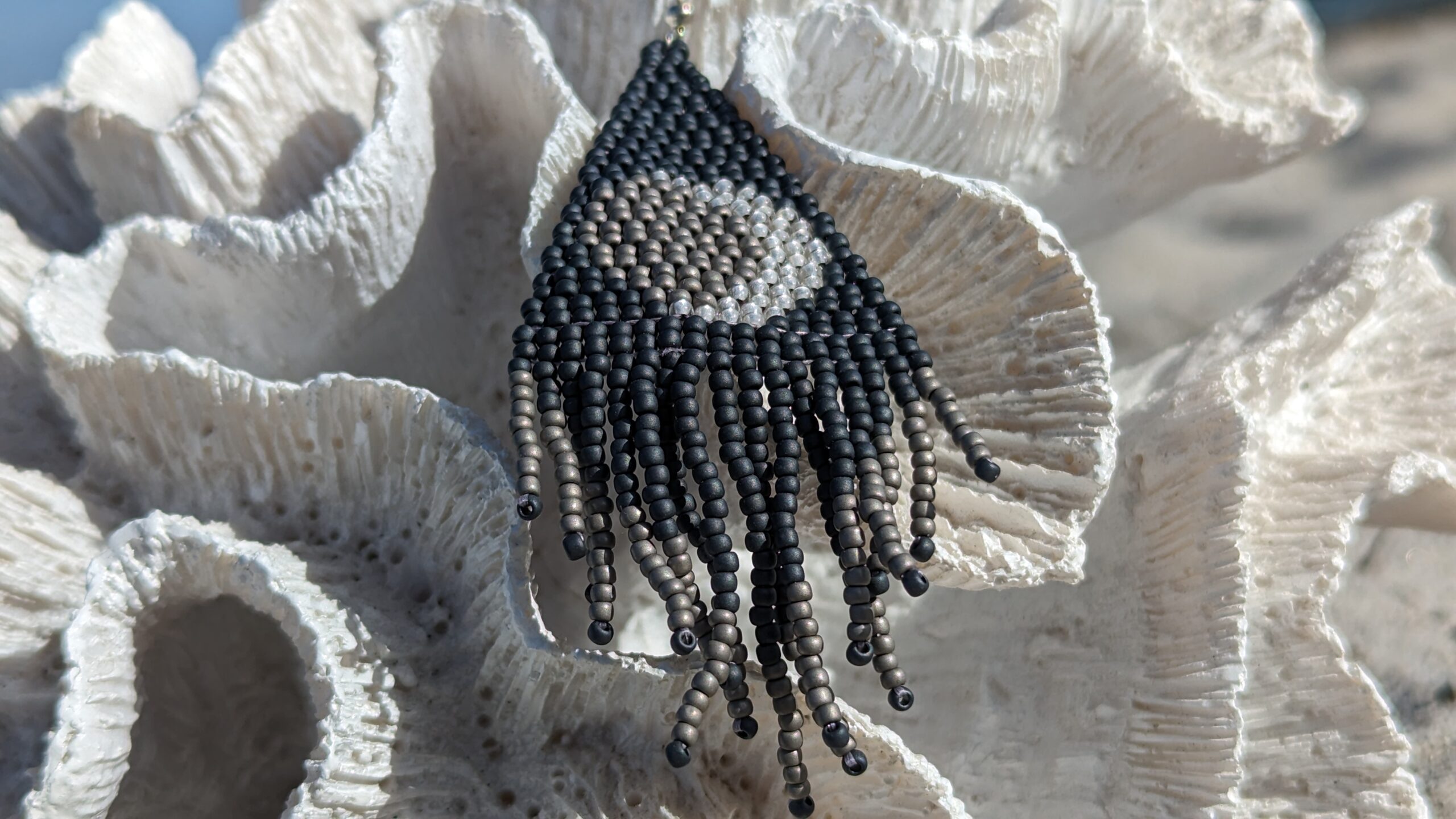 Gothic Beaded Tassel Earrings Triangle Geometric Earrings Crochet Stud Vintage Long Earrings of Toho Seed Beads Moon Print Handwoven Jewelry - Image 6