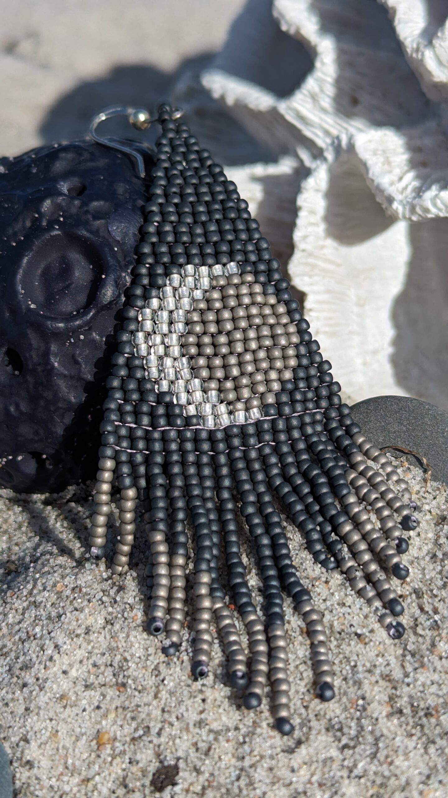 Gothic Beaded Tassel Earrings Triangle Geometric Earrings Crochet Stud Vintage Long Earrings of Toho Seed Beads Moon Print Handwoven Jewelry - Image 7
