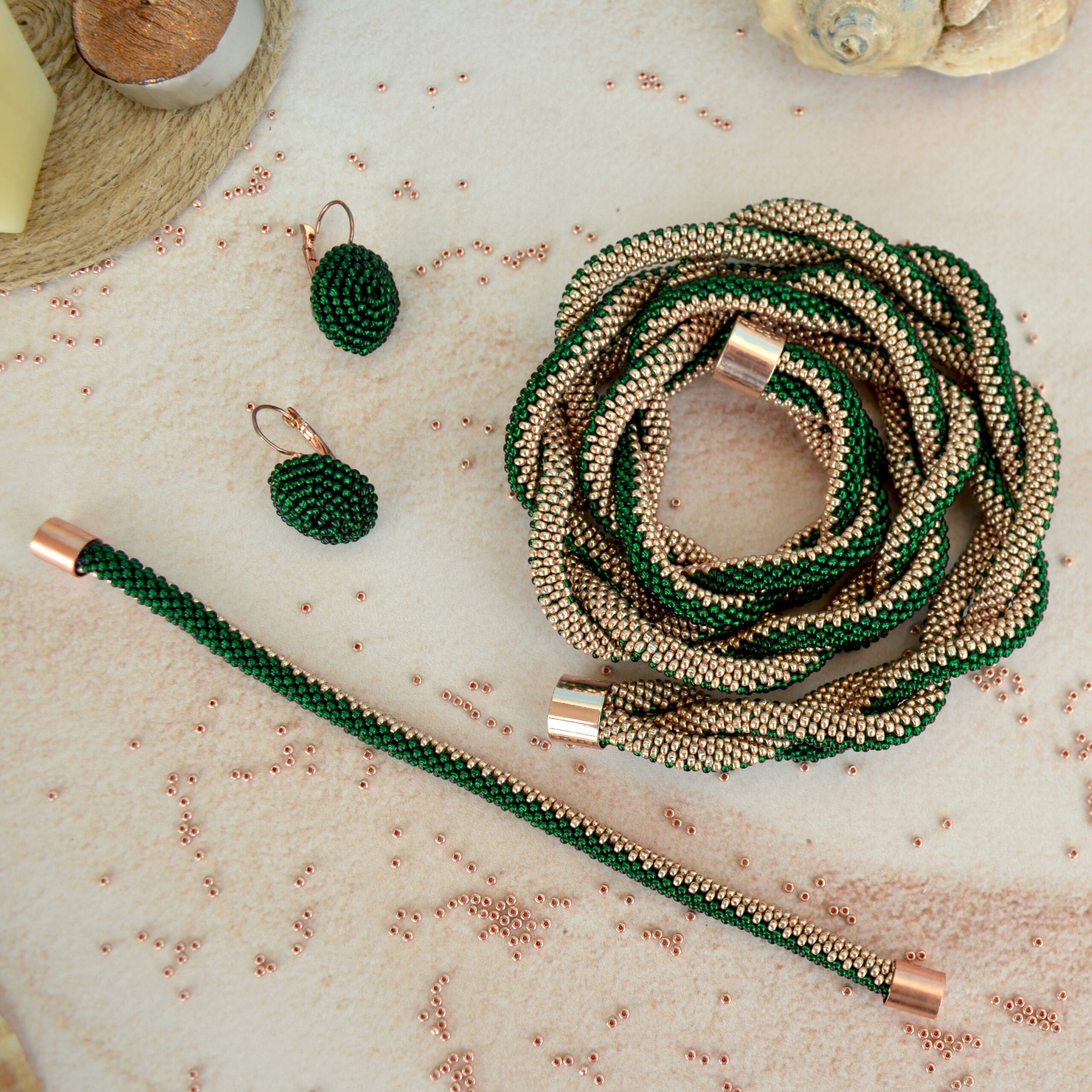 Braided Green Golden Jewelry Set 3 in 1 Massive Dainty Necklace Crochet Earrings Glass Seed Bead Bracelet Stylish Eco Friendly Gift for Her - Image 10