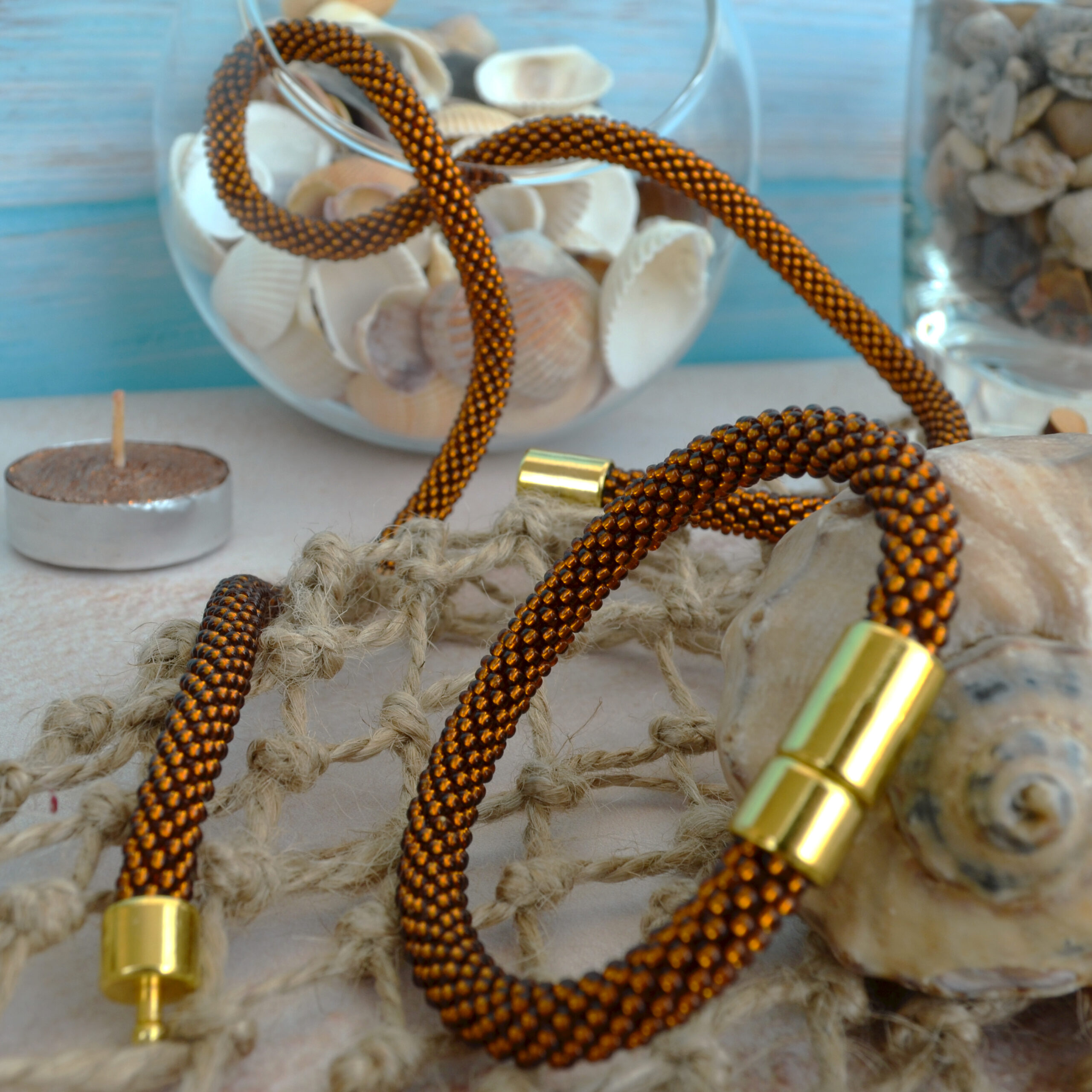 Caramel Jewelry Set 2 in 1 Dainty Transforming Many Ways Brown Necklace Crochet Glass Bangle Seed Bead 3 Wrap Bracelet Woven Boho Style Rope - Image 9