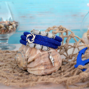 Marine charm bracelet, Crochet seed beaded bangle with agate