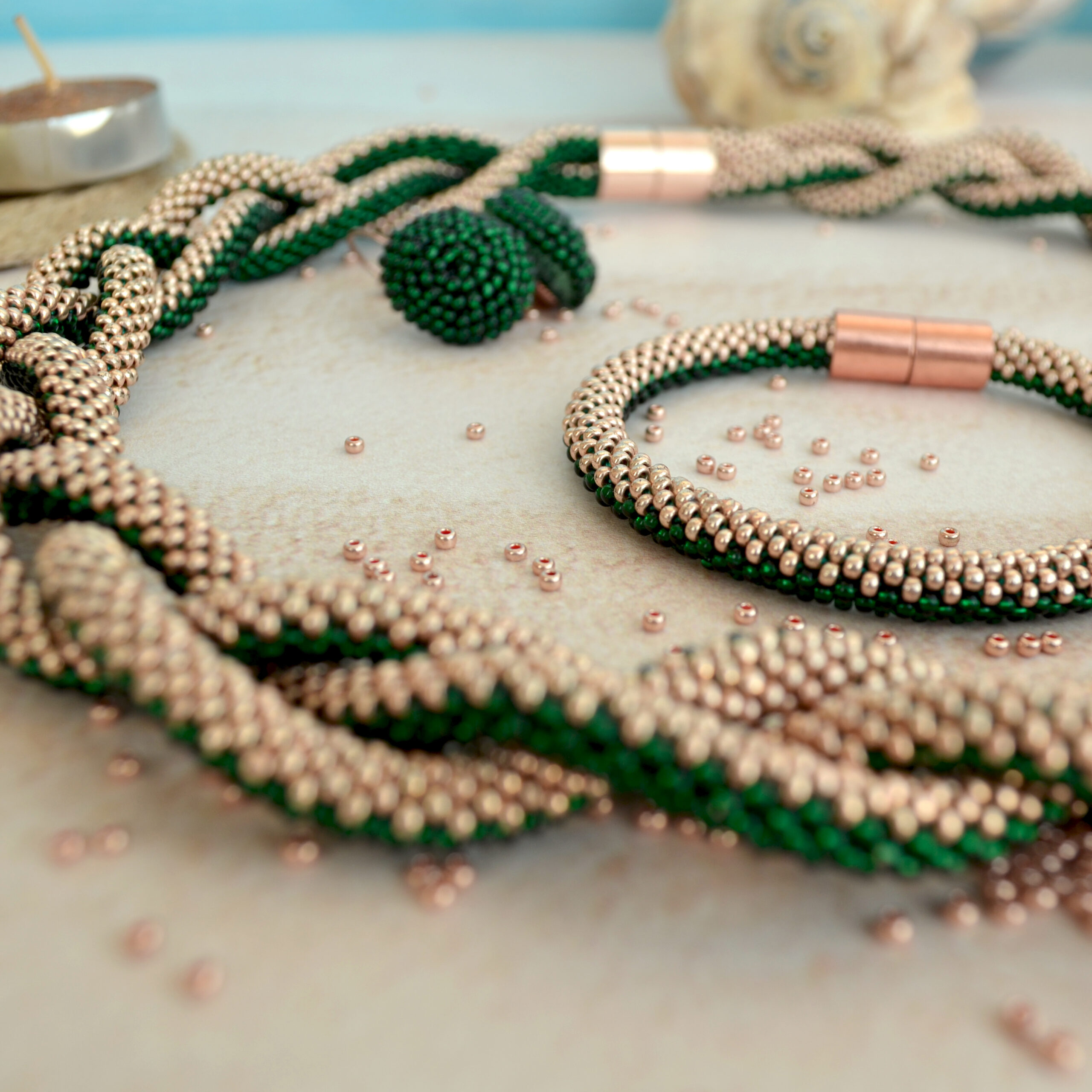 Braided Green Golden Jewelry Set 3 in 1 Massive Dainty Necklace Crochet Earrings Glass Seed Bead Bracelet Stylish Eco Friendly Gift for Her - Image 9