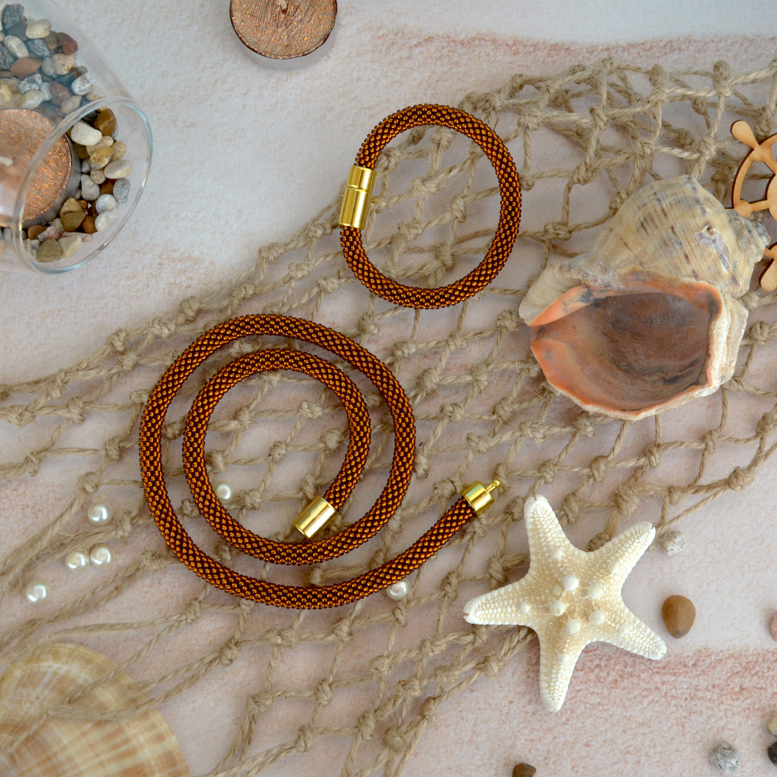 Caramel Jewelry Set 2 in 1 Dainty Transforming Many Ways Brown Necklace Crochet Glass Bangle Seed Bead 3 Wrap Bracelet Woven Boho Style Rope - Image 8