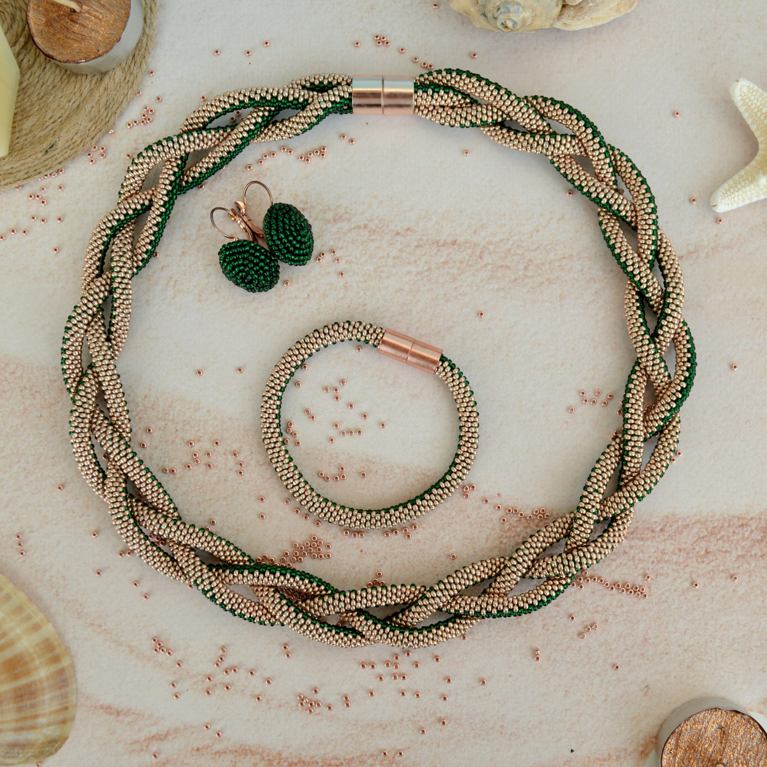 Braided Green Golden Jewelry Set 3 in 1 Massive Dainty Necklace Crochet Earrings Glass Seed Bead Bracelet Stylish Eco Friendly Gift for Her - Image 8