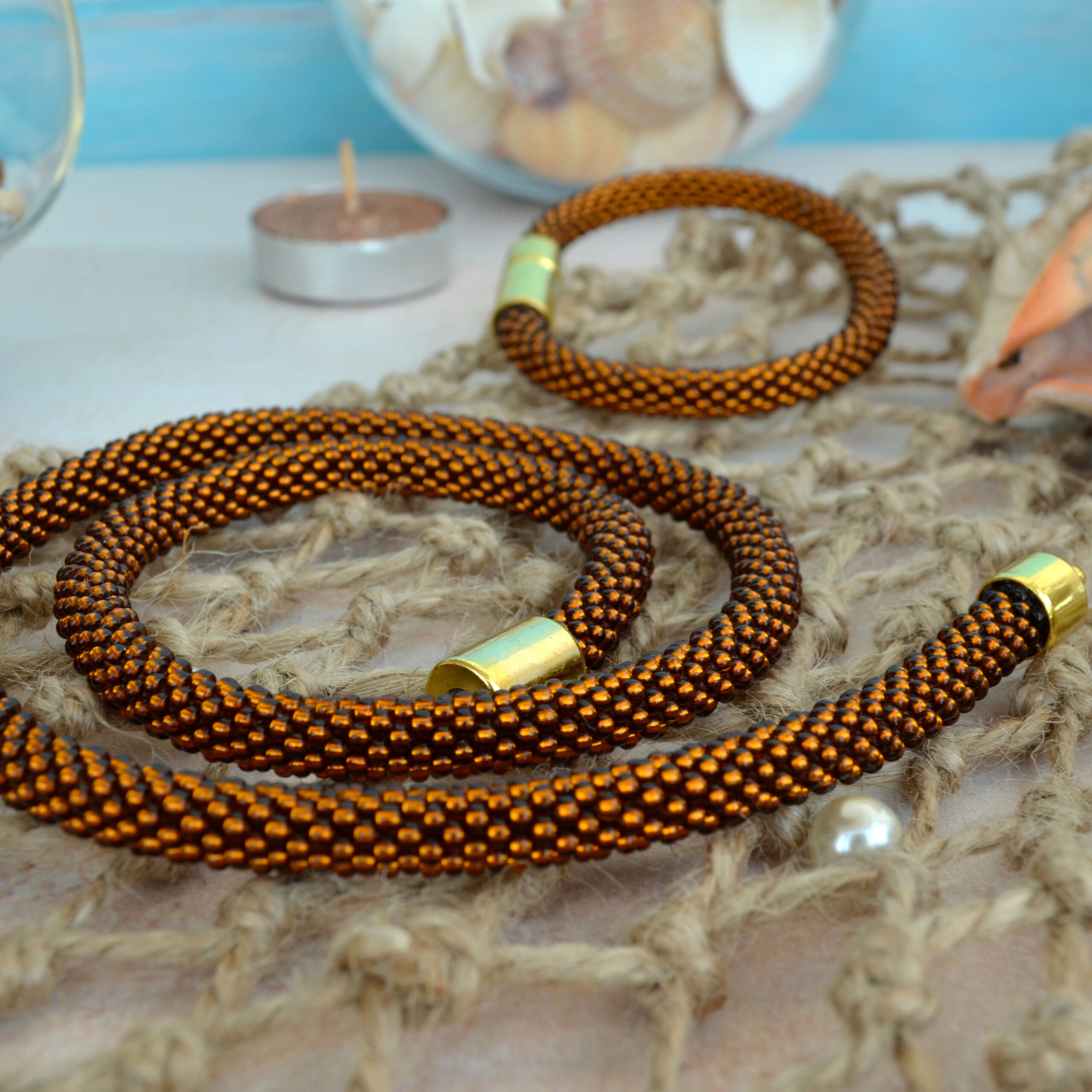 Caramel Jewelry Set 2 in 1 Dainty Transforming Many Ways Brown Necklace Crochet Glass Bangle Seed Bead 3 Wrap Bracelet Woven Boho Style Rope - Image 7