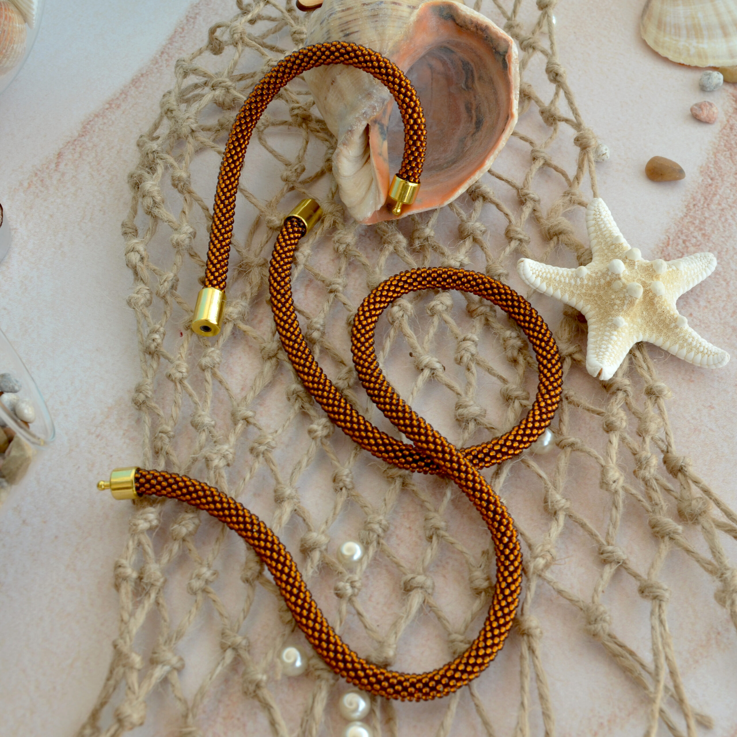 Caramel Jewelry Set 2 in 1 Dainty Transforming Many Ways Brown Necklace Crochet Glass Bangle Seed Bead 3 Wrap Bracelet Woven Boho Style Rope - Image 6