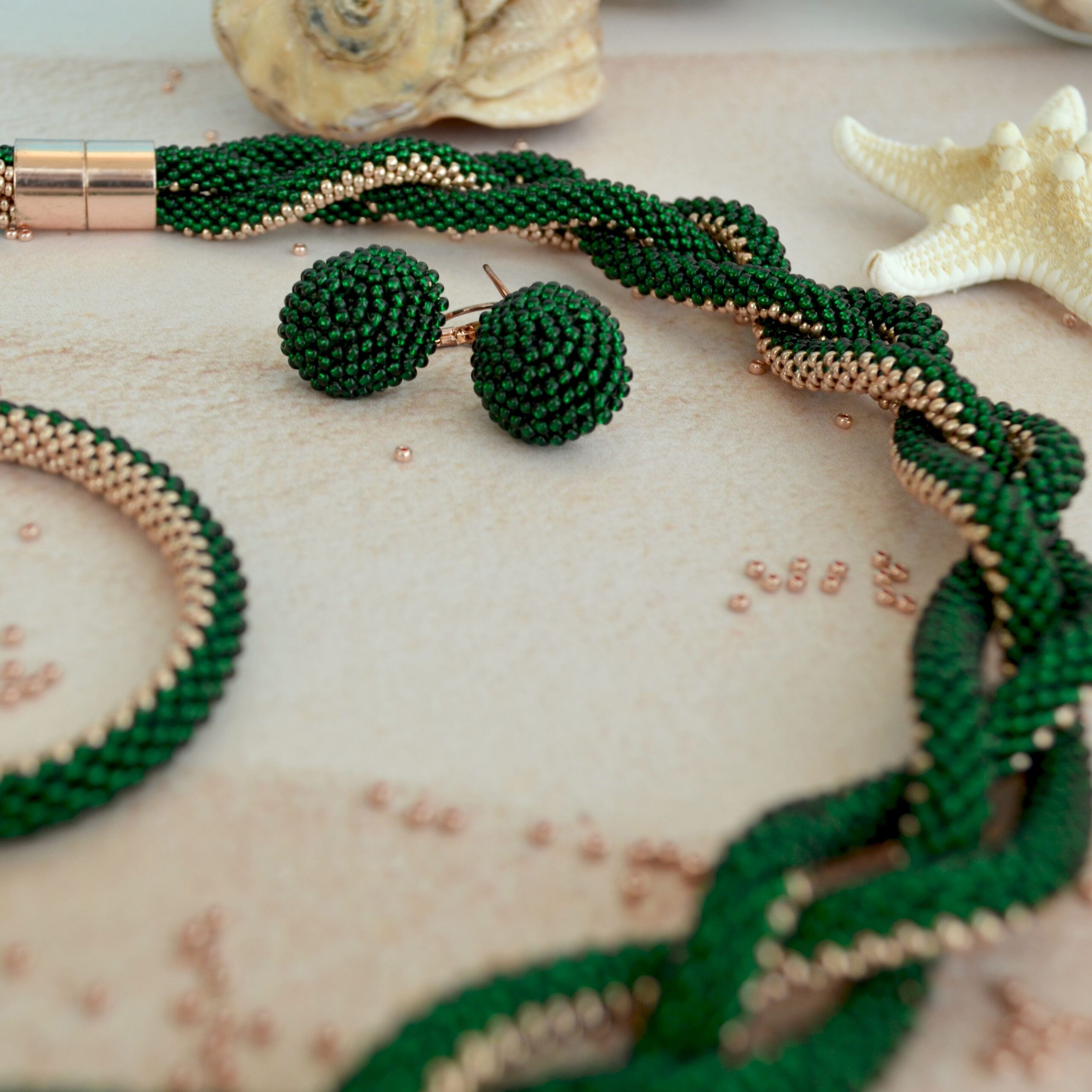 Braided Green Golden Jewelry Set 3 in 1 Massive Dainty Necklace Crochet Earrings Glass Seed Bead Bracelet Stylish Eco Friendly Gift for Her - Image 7