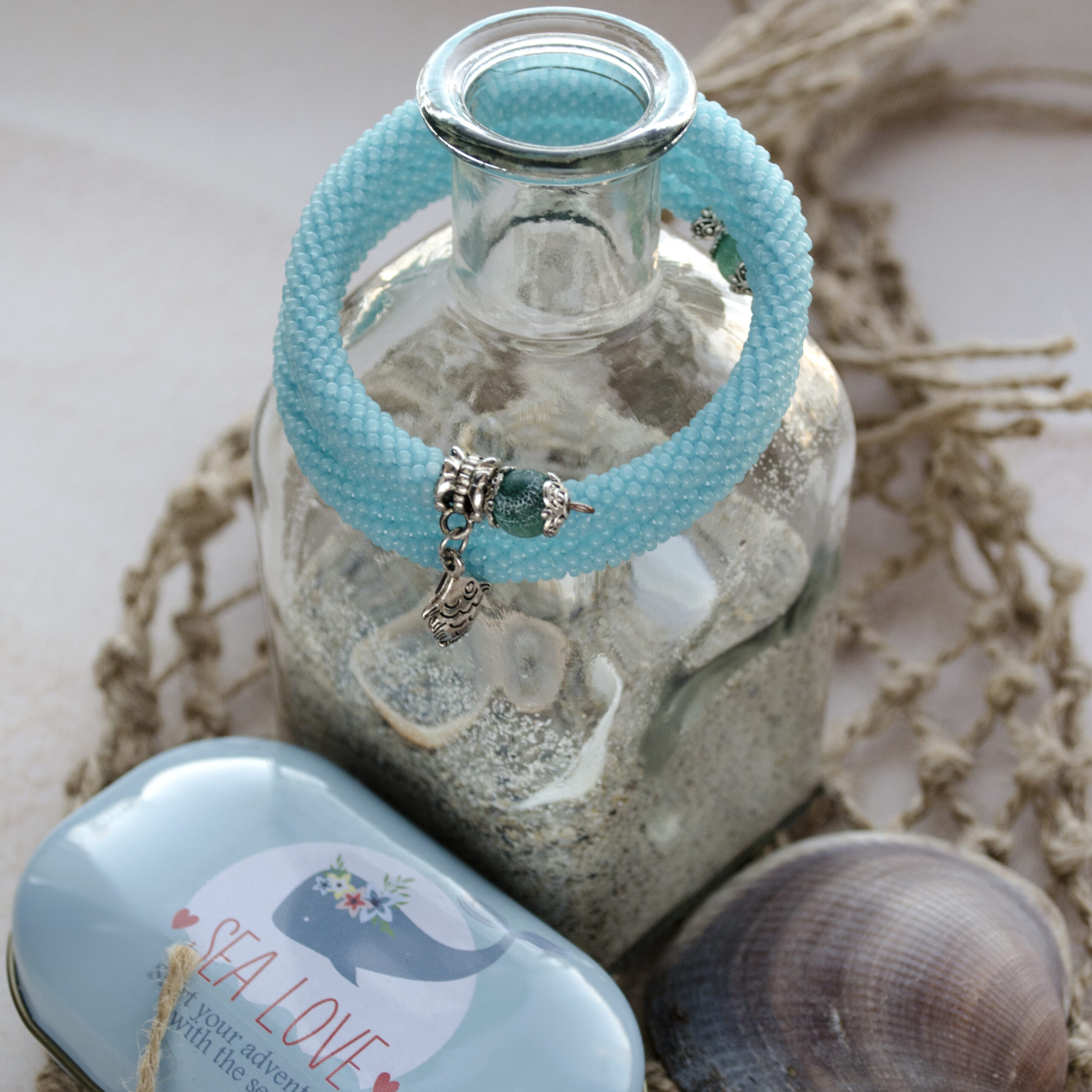 Aquamarine Seed Bead Memory Wire Bracelet Crochet Beaded Light Blue Bangle Marine Charm Stack Bracelet Crochet Handwoven 3 Wrap Bracelet - Image 3