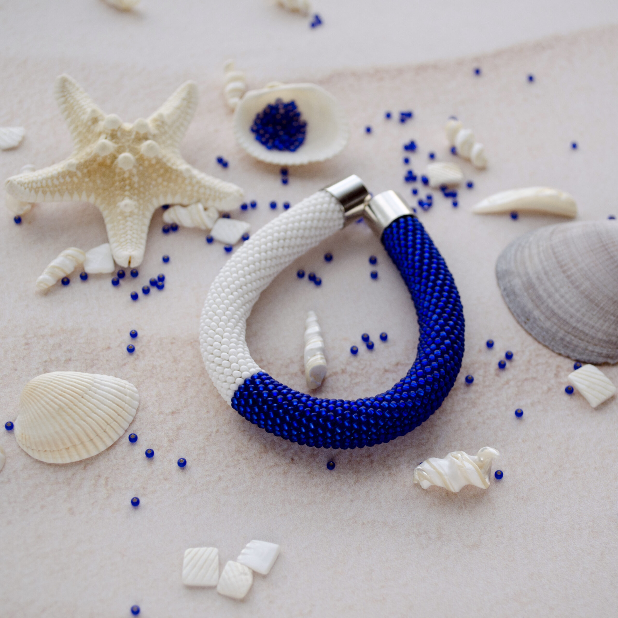 White Matte Royal Blue Seed Bead Crocheted Bangle Thick Bracelet Bicolor Magnetic Clasp Handwoven Elegant Classic Delicate Boho Gift for Her - Image 10