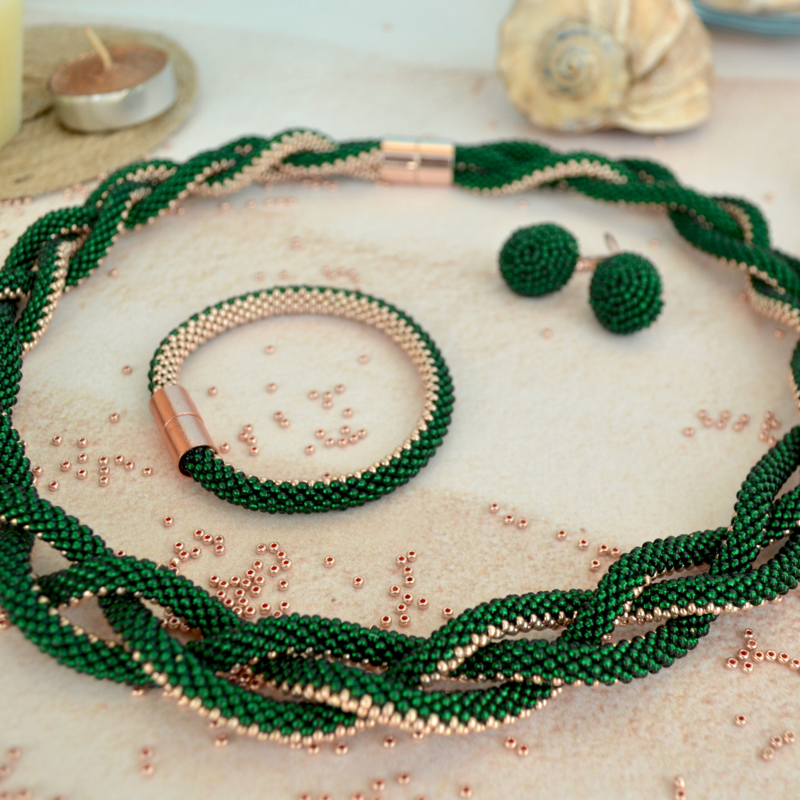 Braided Green Golden Jewelry Set 3 in 1 Massive Dainty Necklace Crochet Earrings Glass Seed Bead Bracelet Stylish Eco Friendly Gift for Her - Image 6
