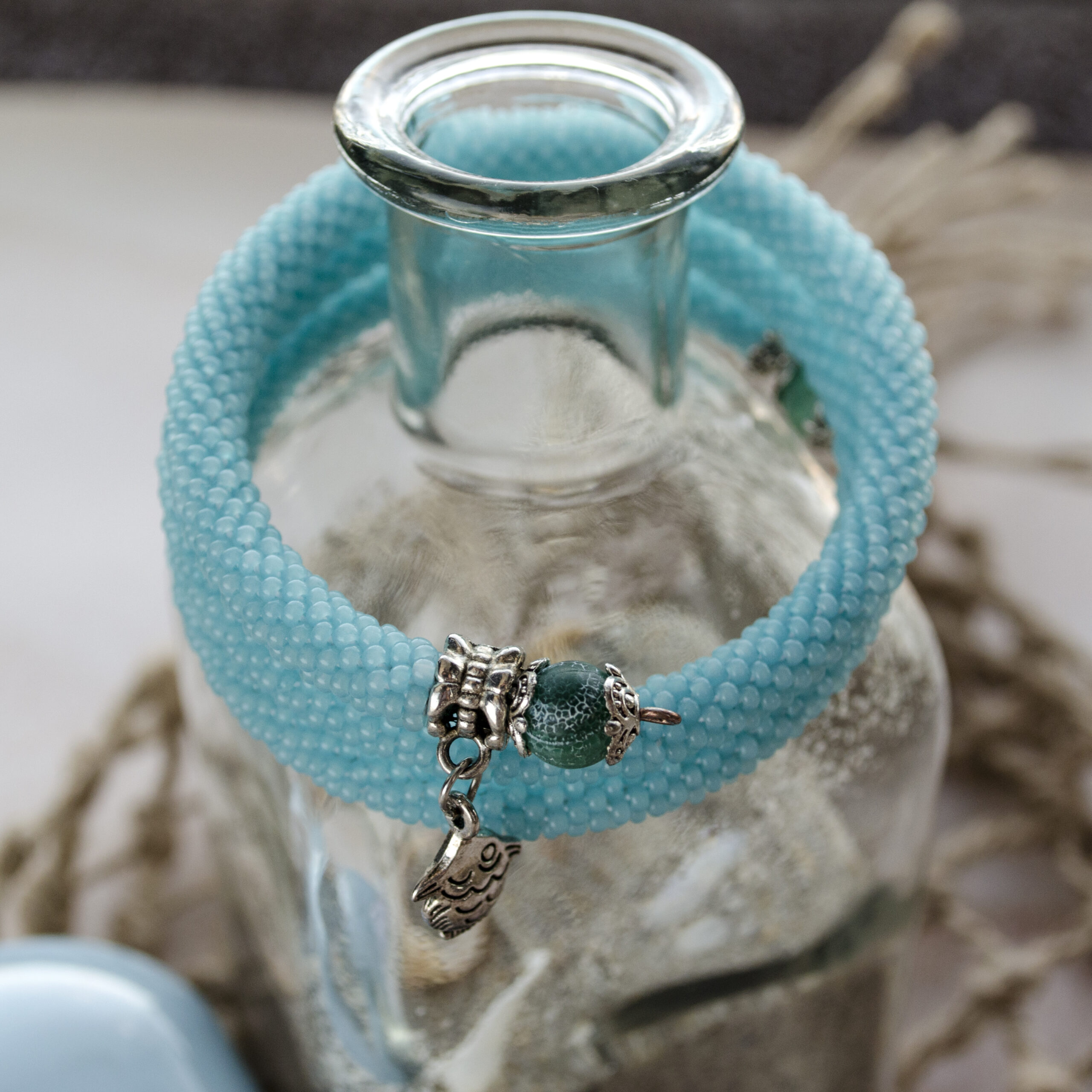 Aquamarine Seed Bead Memory Wire Bracelet Crochet Beaded Light Blue Bangle Marine Charm Stack Bracelet Crochet Handwoven 3 Wrap Bracelet - Image 2