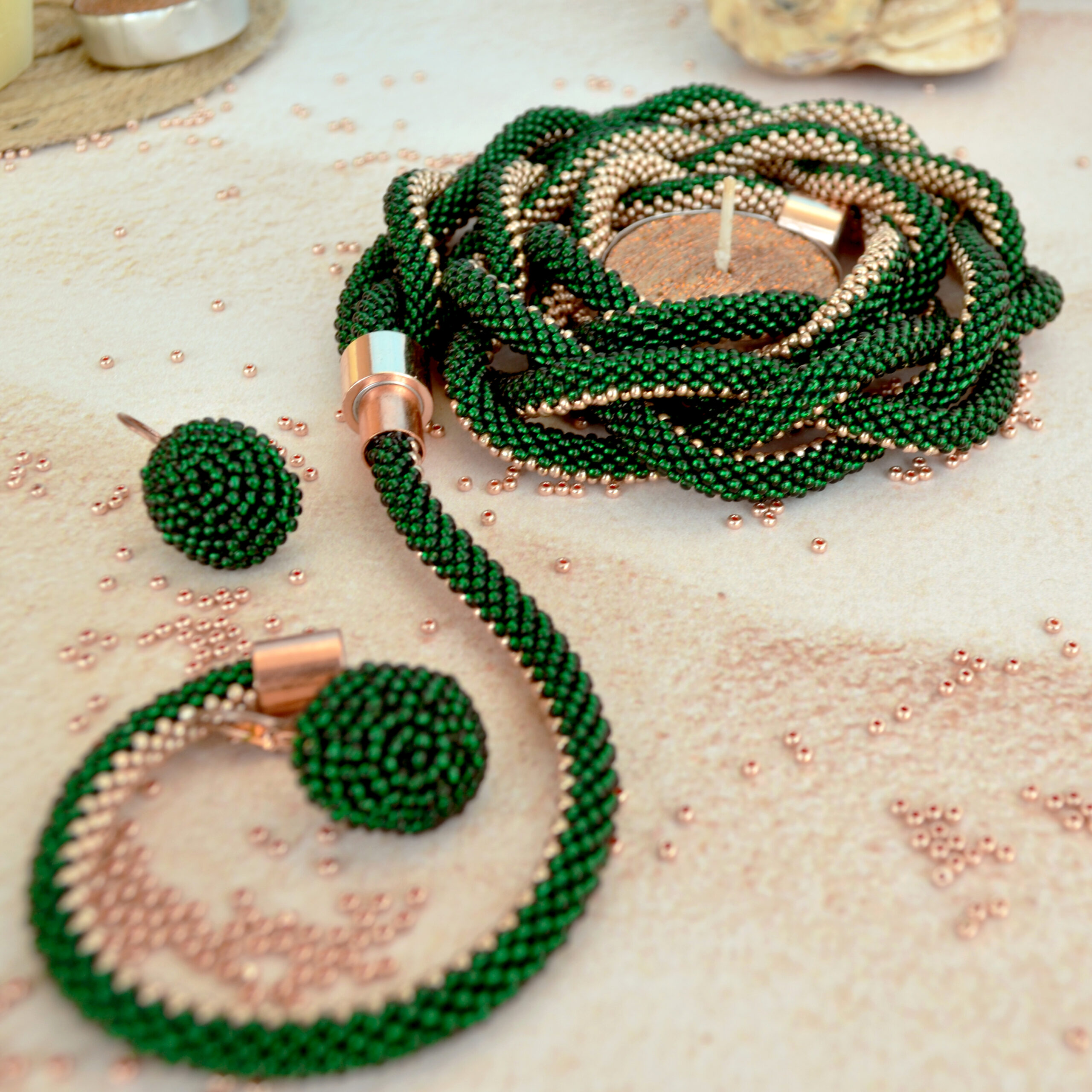 Braided Green Golden Jewelry Set 3 in 1 Massive Dainty Necklace Crochet Earrings Glass Seed Bead Bracelet Stylish Eco Friendly Gift for Her - Image 12
