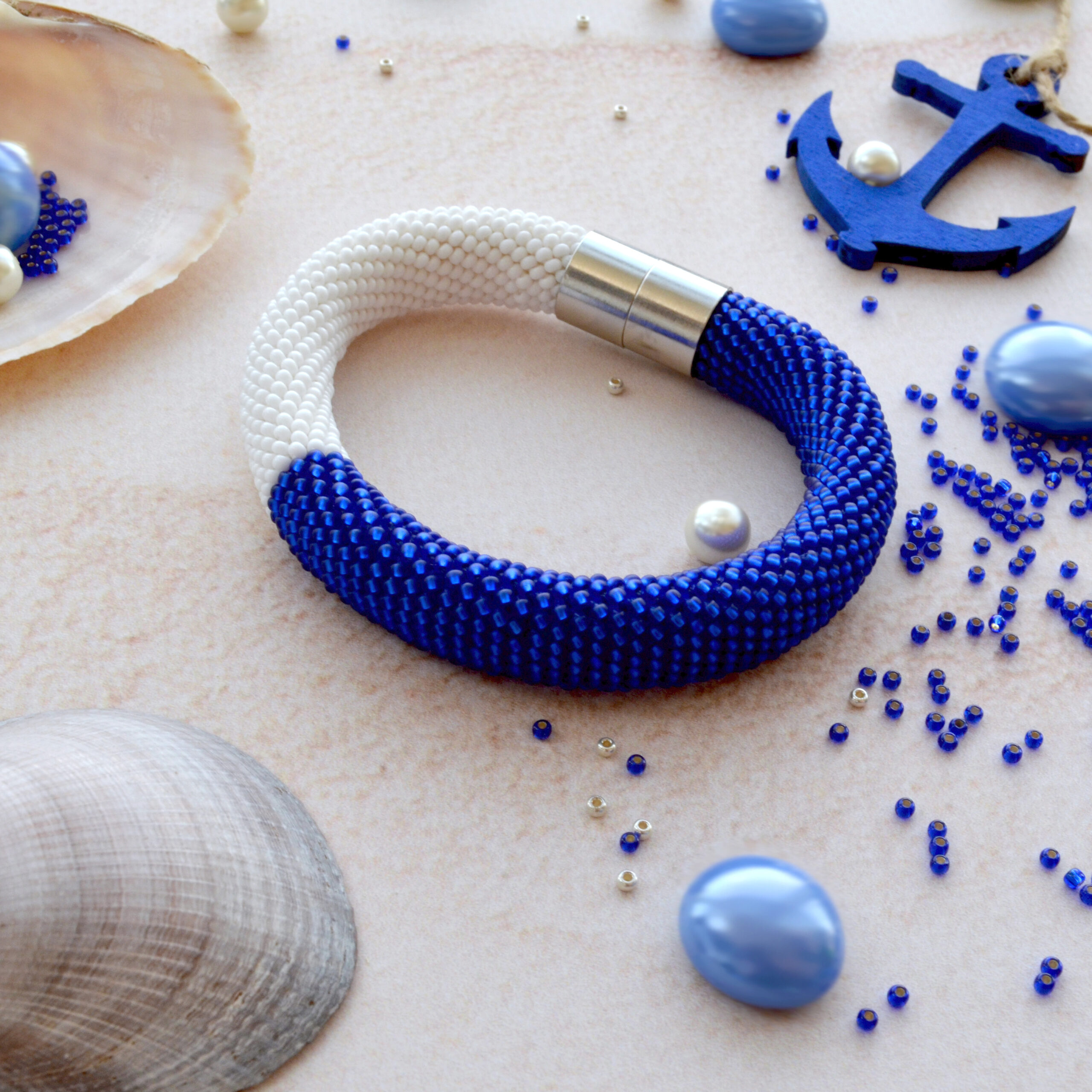 White Matte Royal Blue Seed Bead Crocheted Bangle Thick Bracelet Bicolor Magnetic Clasp Handwoven Elegant Classic Delicate Boho Gift for Her - Image 9
