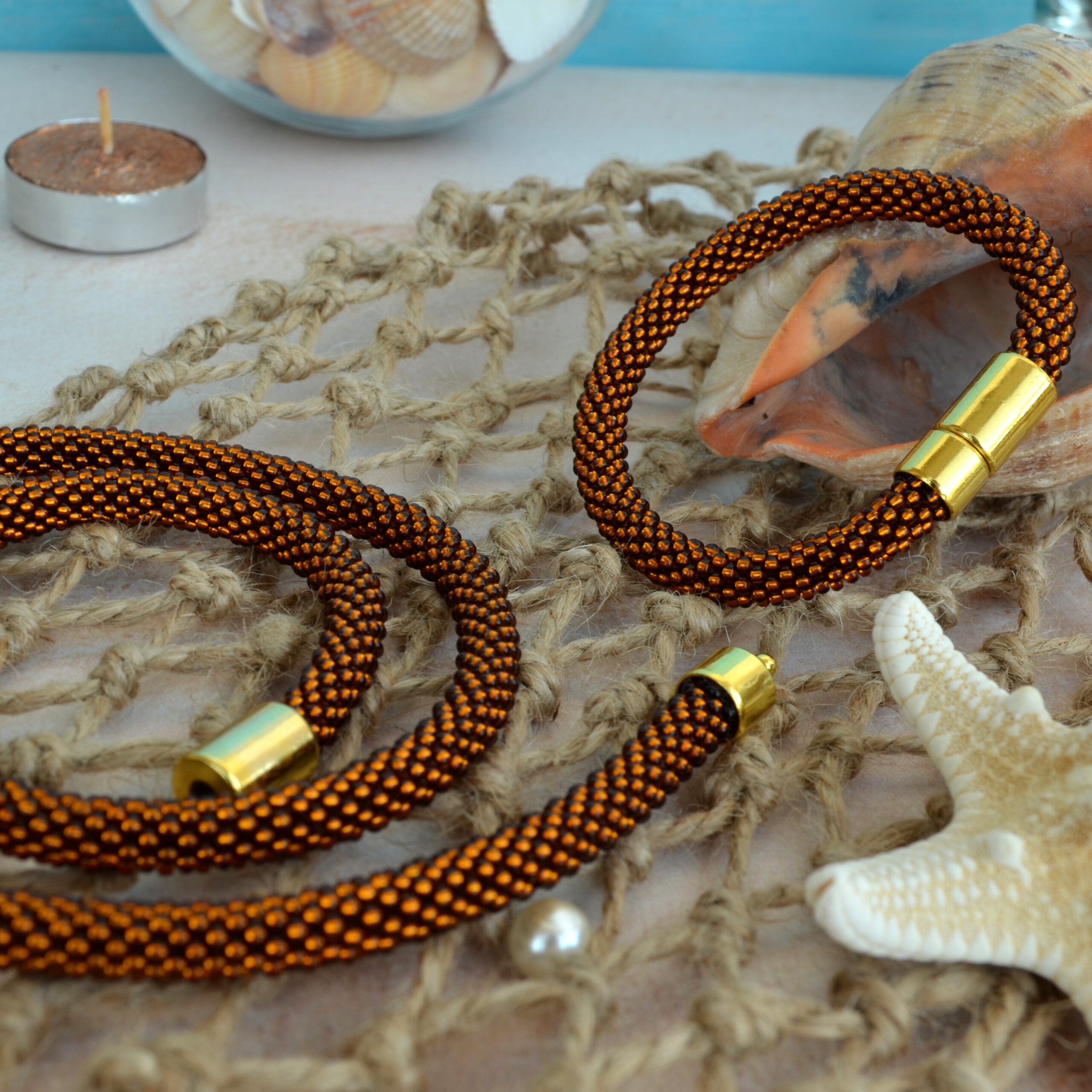 Caramel Jewelry Set 2 in 1 Dainty Transforming Many Ways Brown Necklace Crochet Glass Bangle Seed Bead 3 Wrap Bracelet Woven Boho Style Rope - Image 5