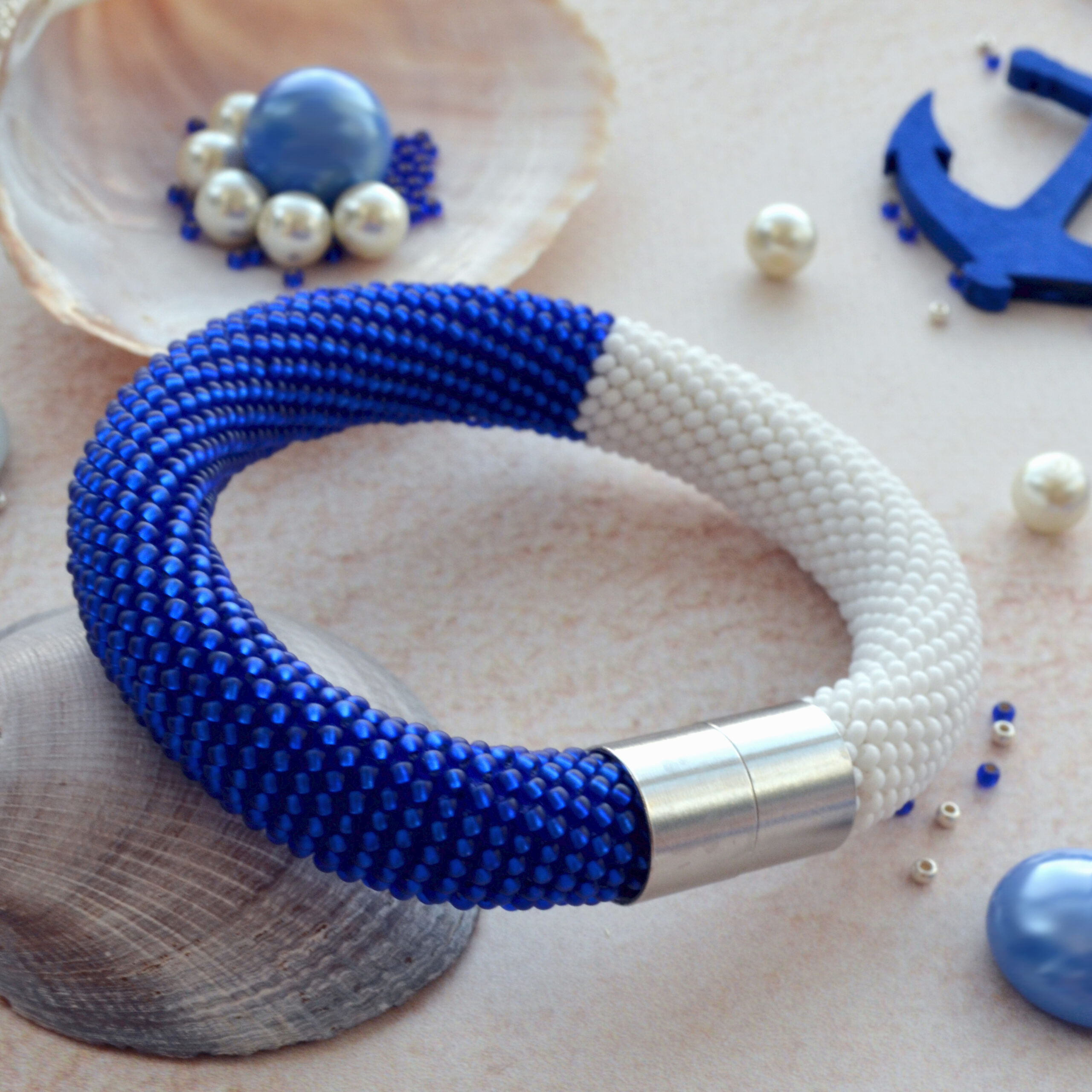 White Matte Royal Blue Seed Bead Crocheted Bangle Thick Bracelet Bicolor Magnetic Clasp Handwoven Elegant Classic Delicate Boho Gift for Her - Image 8