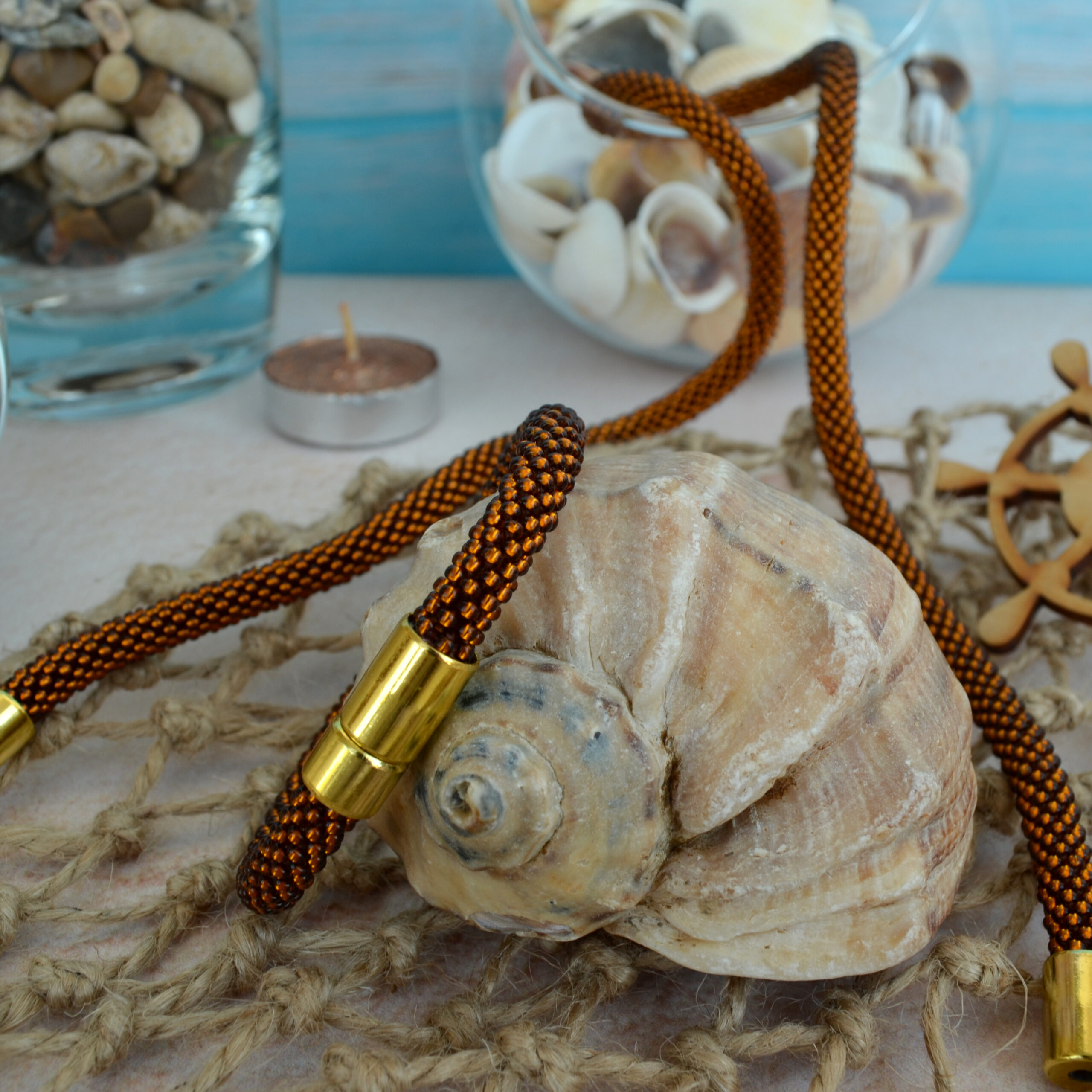 Caramel Jewelry Set 2 in 1 Dainty Transforming Many Ways Brown Necklace Crochet Glass Bangle Seed Bead 3 Wrap Bracelet Woven Boho Style Rope - Image 4