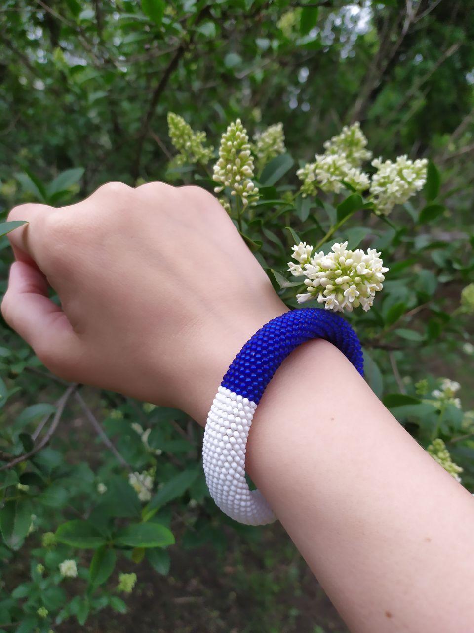 White Matte Royal Blue Seed Bead Crocheted Bangle Thick Bracelet Bicolor Magnetic Clasp Handwoven Elegant Classic Delicate Boho Gift for Her - Image 3